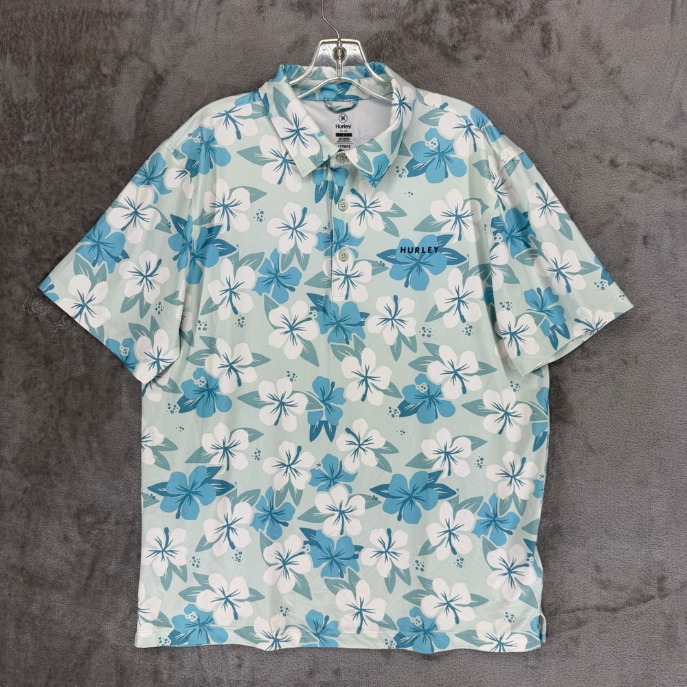 Hurley Mens Blue Floral Hibiscus Print Short Sleeve Polo Shirt HMS24-08146 Large